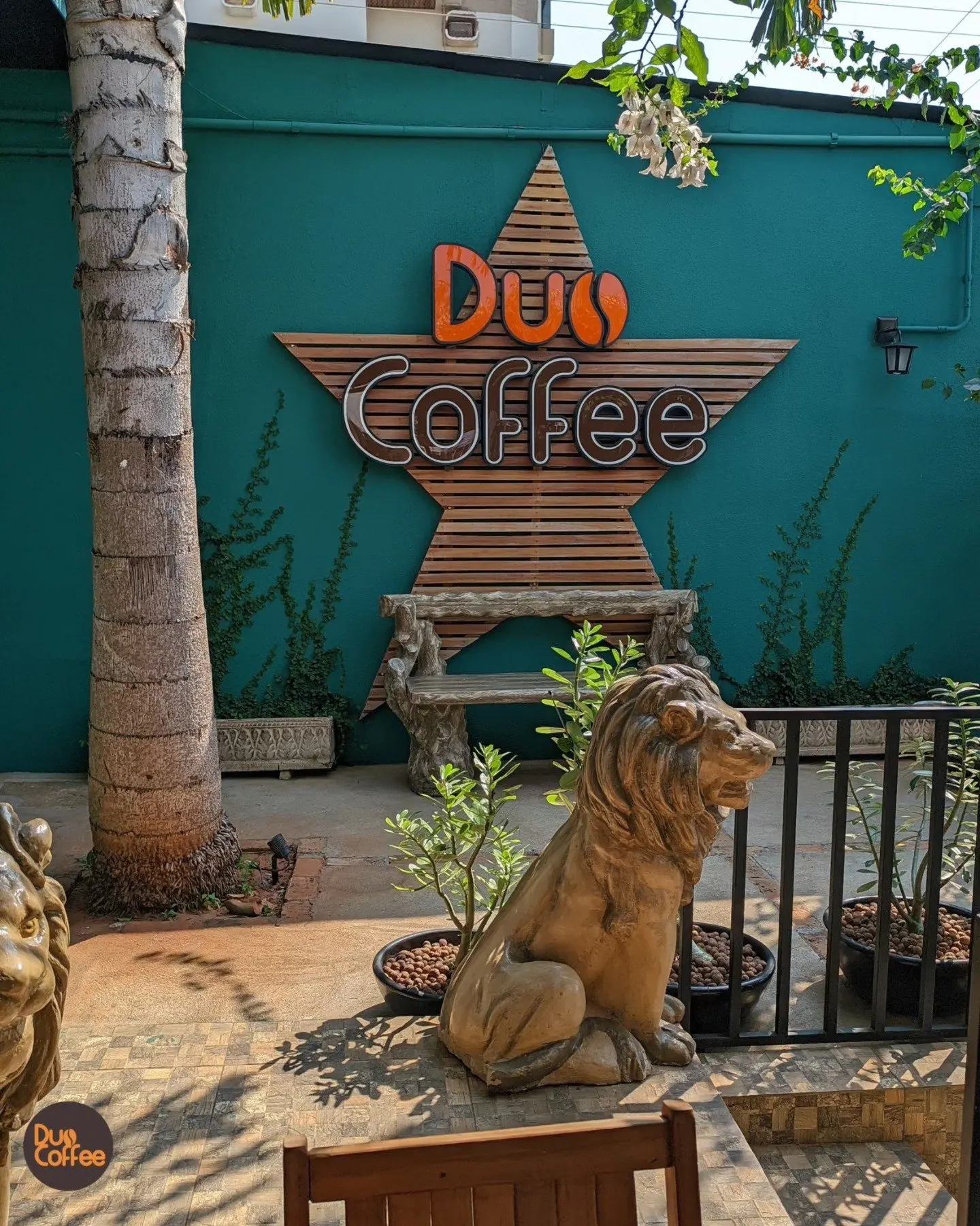Área externa da Duo Coffee com o letreiro em estrela e plantas